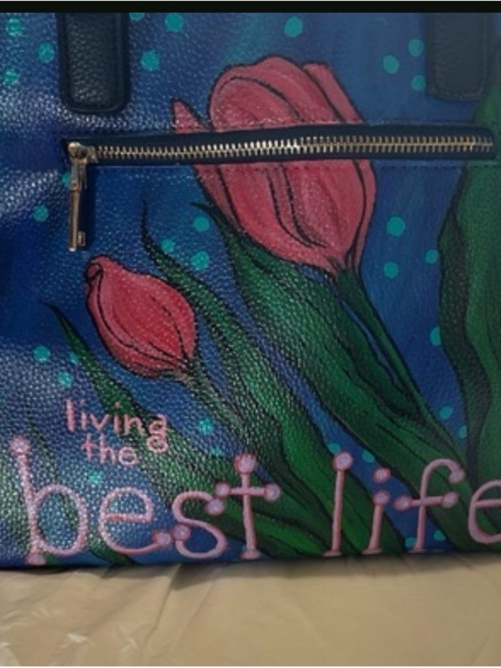Hand Painted Leather Tote Bag Blue Pink Tulips Living The Best Life